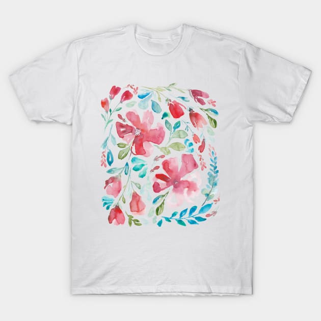 Watercolor of red flowers and turquoise leaves over blue T-Shirt by marufemia